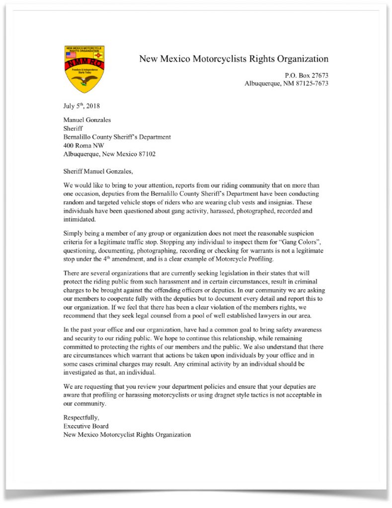 NMMRO Letter to Bernalillo County Sheriff's Department